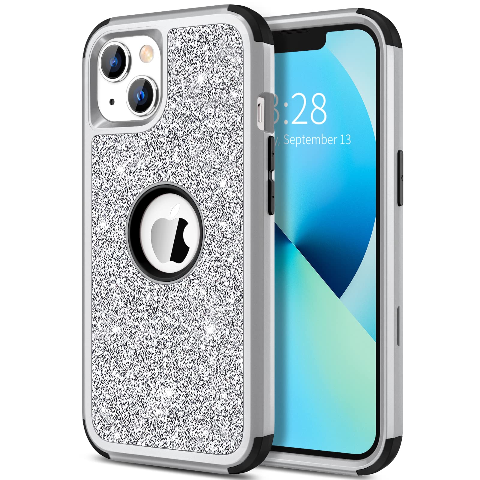 Photo 1 of Hython Case for iPhone 13 Case Glitter, Cute Sparkly Shiny Bling Sparkle Cover, Heavy Duty 3 in 1 Hybrid Hard PC Soft TPU Bumper Full Body Shockproof Protective Phone Cases for Women Girls, Silver
