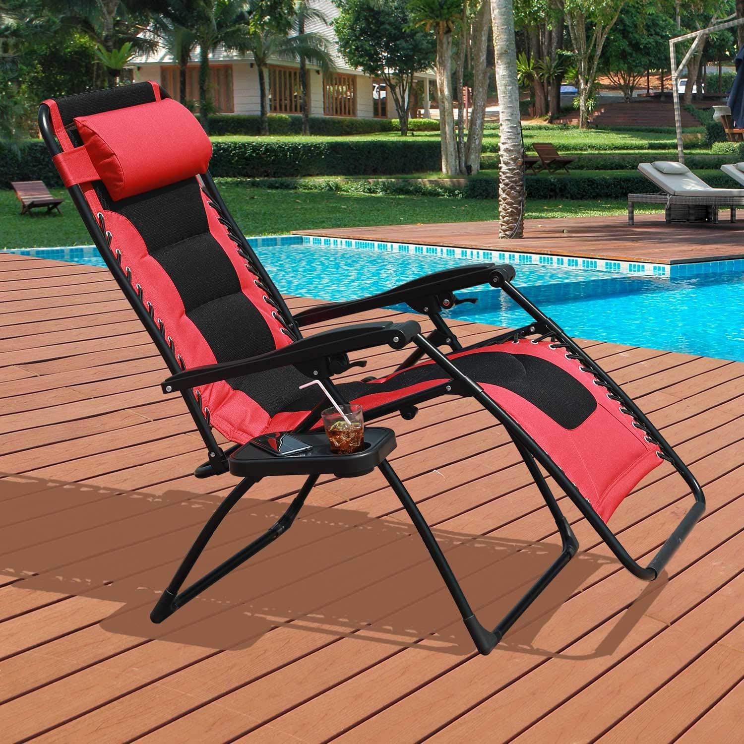 GOLDSUN Oversized Padded Zero Gravity Reclining Chair Adjustable Patio Lounge Chair with Cup Holder for Outdoor Beach Porch,Swimming Pool (Red): Furniture & Decor