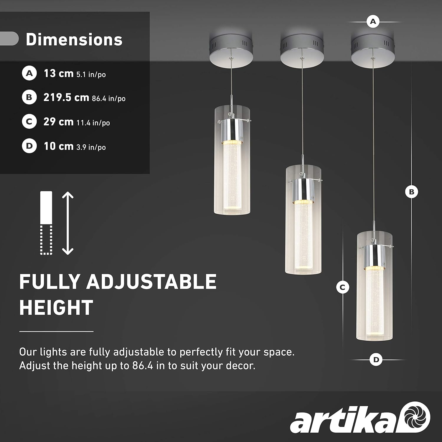 Artika OME1LB-HD1 Essence Chrome 1-Pendant LED Light Fixture, 12-inches with Integrated LED and Premium Bubble Glass, Chrome - - 