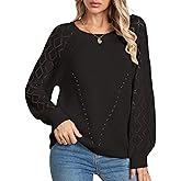 Libsorge Womens Cute Crochet Knit Hollow Out Sweater Fall 2024 Lightweight Ribbed Crewneck Long Sleeve Pullover Top