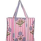 KLAVATE Women Handblock Lightweight Reversible Travel Bag Purse Cotton Shoulder Tote Bag For Shopping Valentine Gift For Her