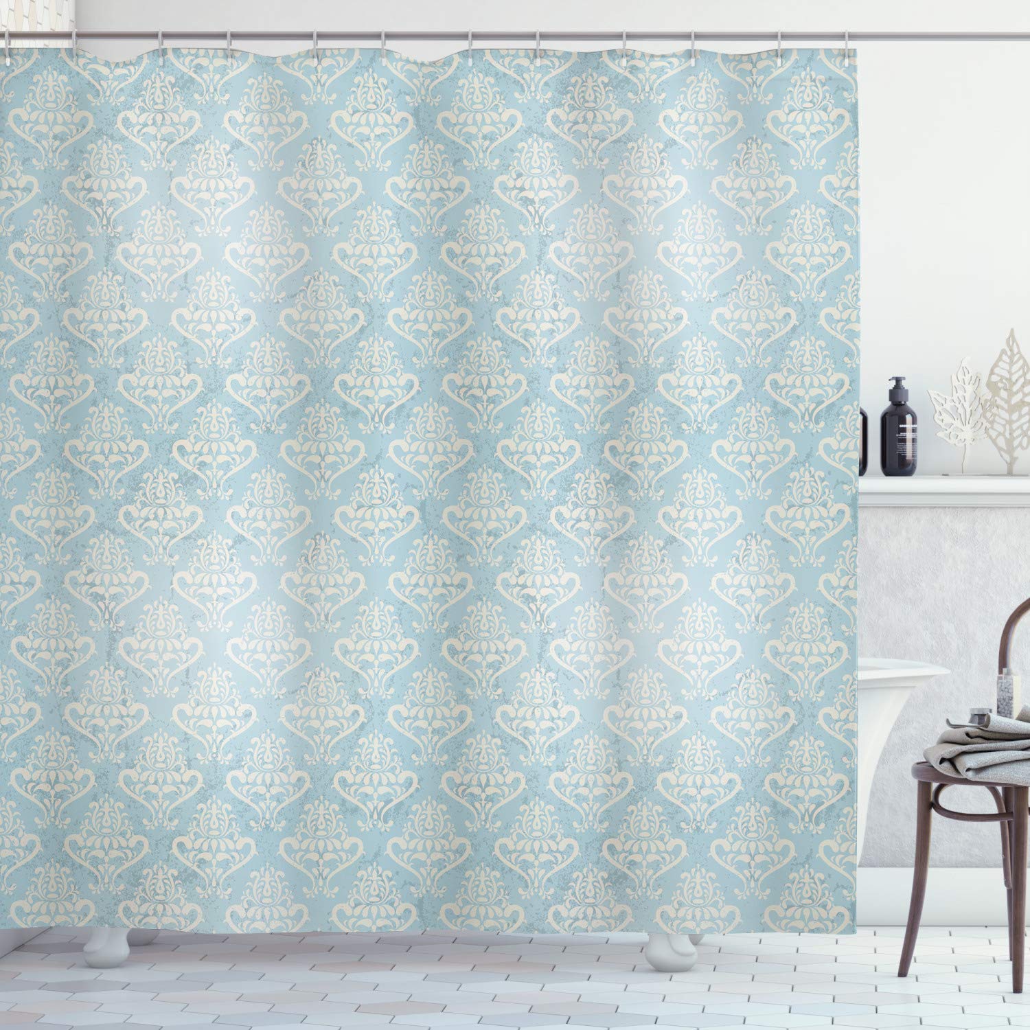 ABAKUHAUS Turquoise Shower Curtain, Vintage Medieval Grunge Floral Illustration Abstract Classic Pattern, Cloth Fabric Bathroom Decor Set with Hooks, 94 Inches, Bluegrey Cream