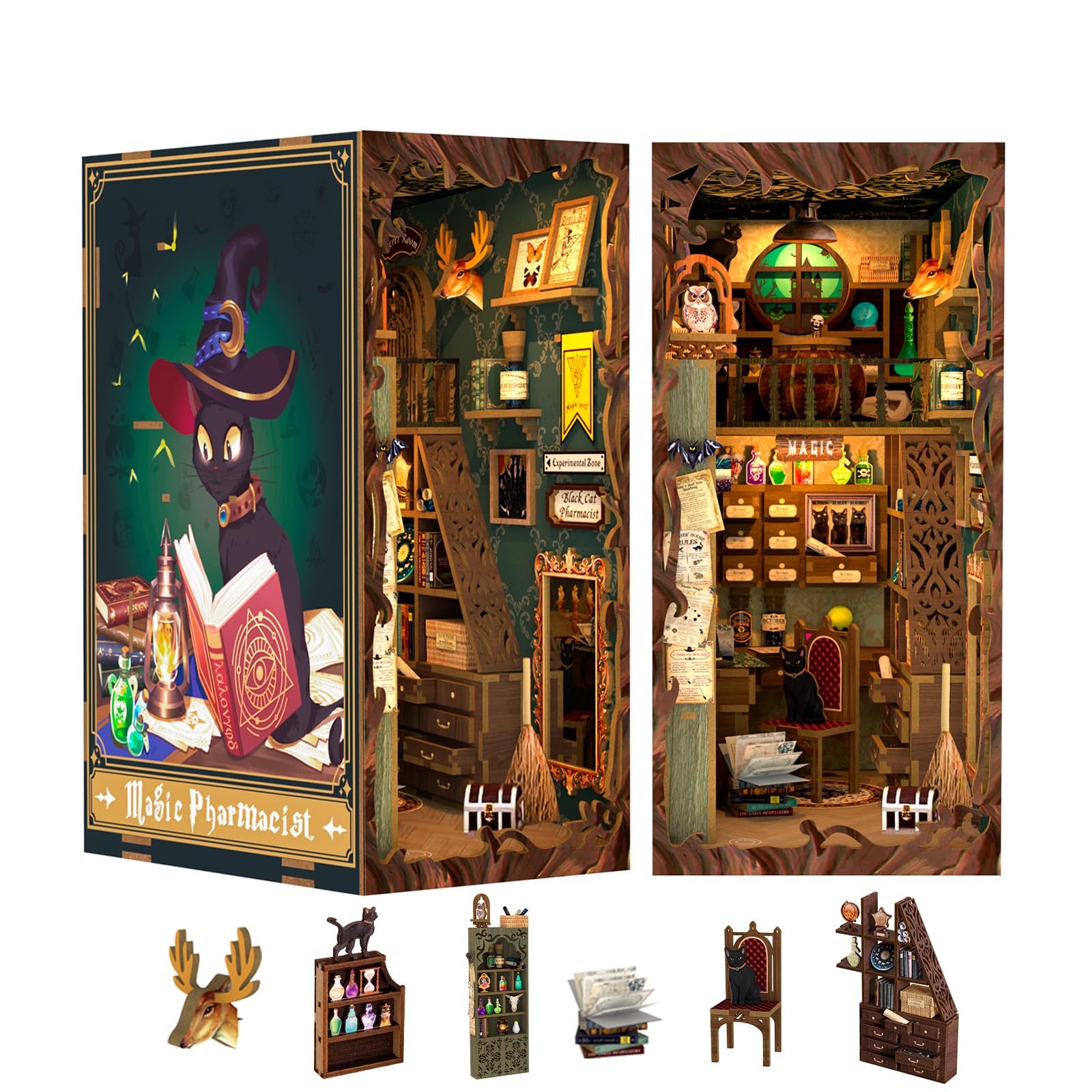 Fsolis Book Nook Diy Miniature House Kit 3D Wooden Puzzles Bookshelf Decor Dolls House Model Kits Book Gifts (Magic Pharmacist) — image 1