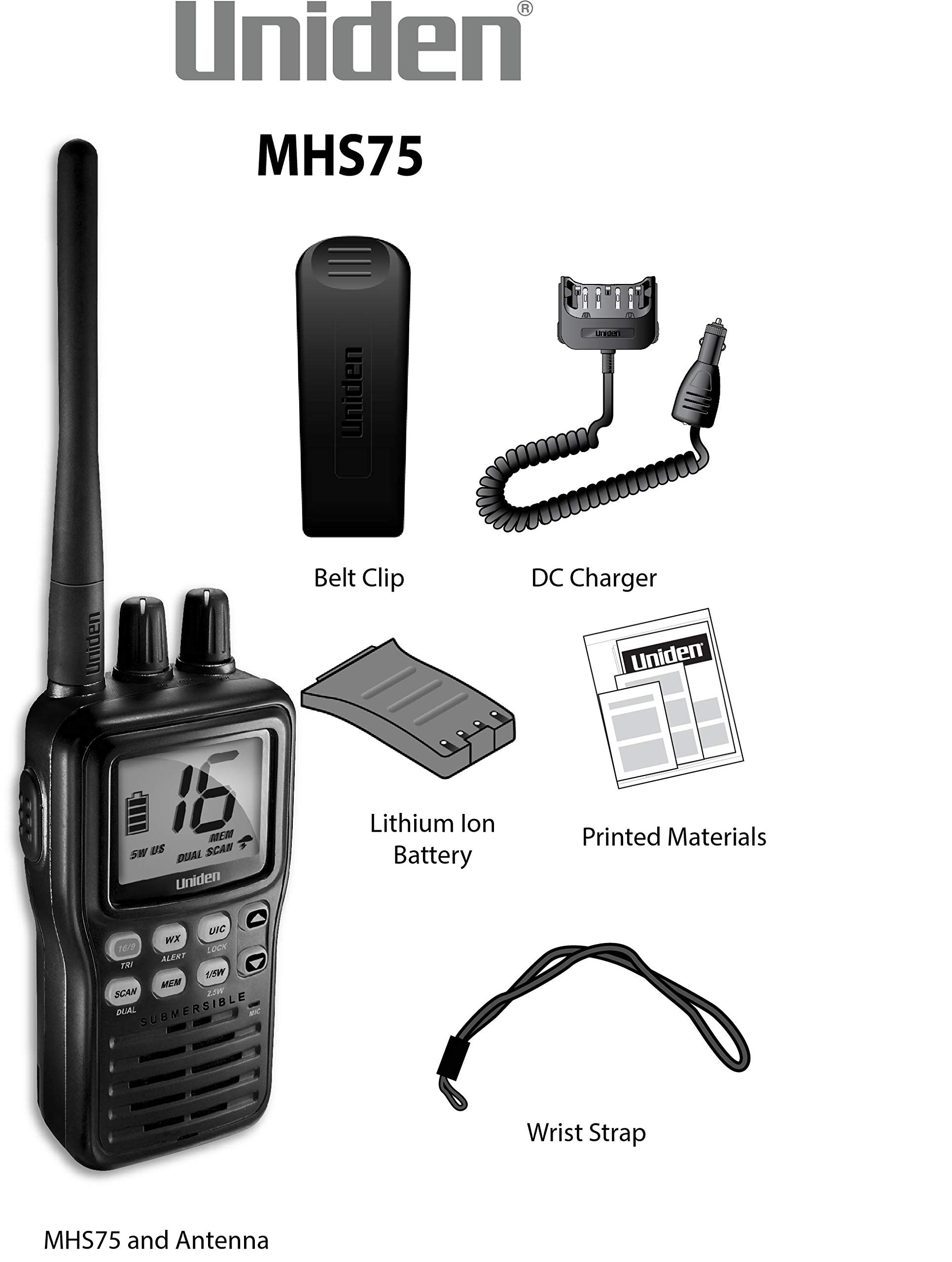 Uniden MHS75 Waterproof Handheld 2Way VHF Marine Radio, Submersible