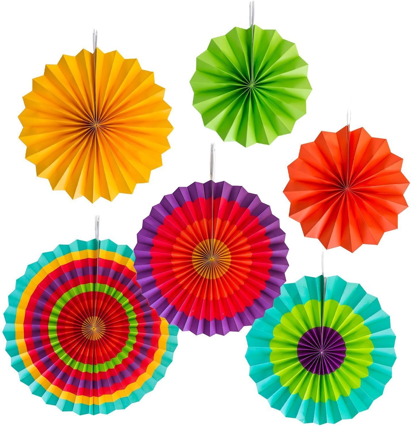 iFun iCool Colorful Paper Party Fans Set Round Wheel Pattern for Birthday, Events, Party, Home Decoration, Paper Garlands, 6 Pieces