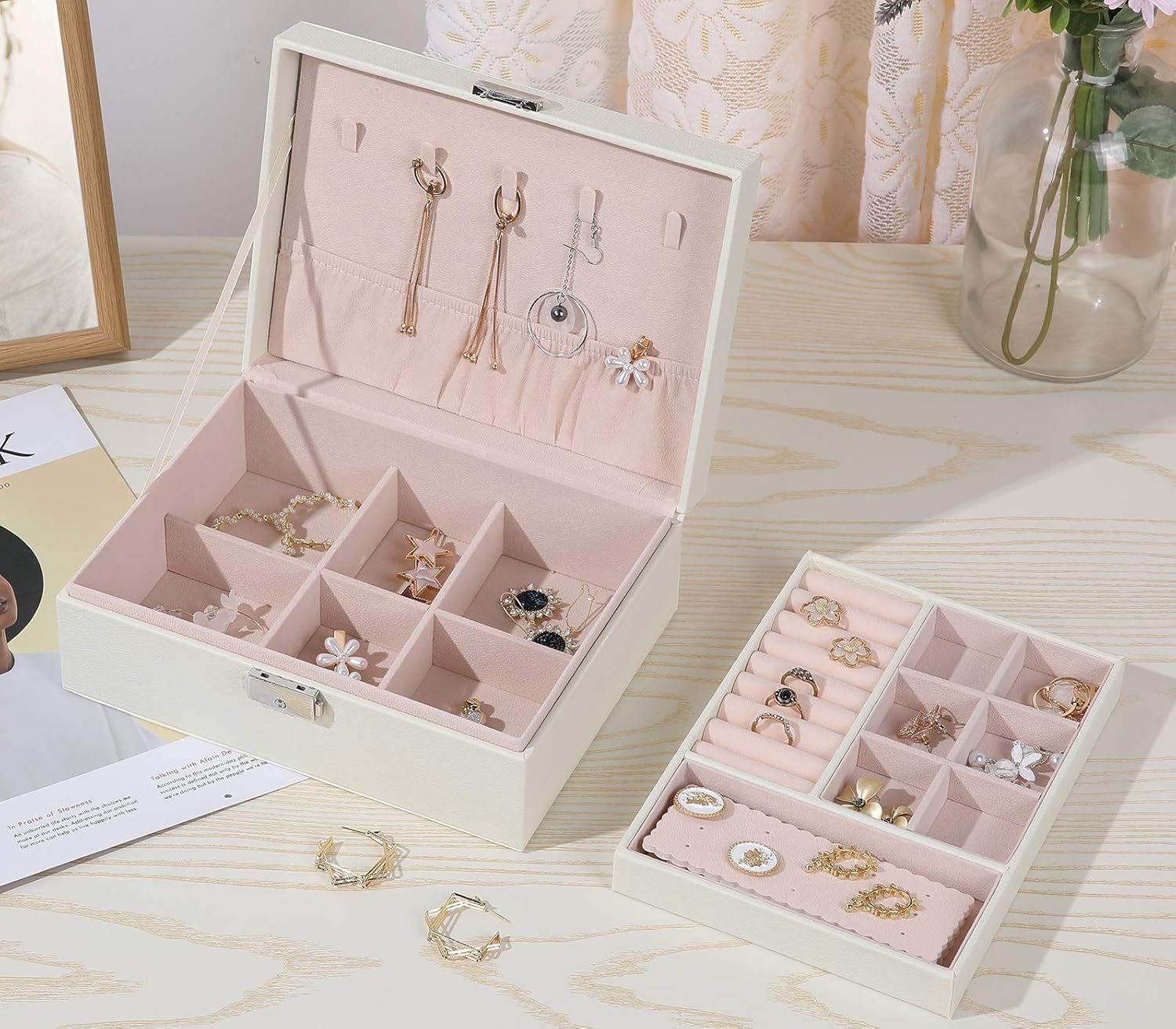 misaya Small Jewelry Organizer Box, Two Layer PU leather Jewelry Storage Box for Women with Removable Tray for Earring Ring Necklace Bracelet, Off White: Home & Kitchen