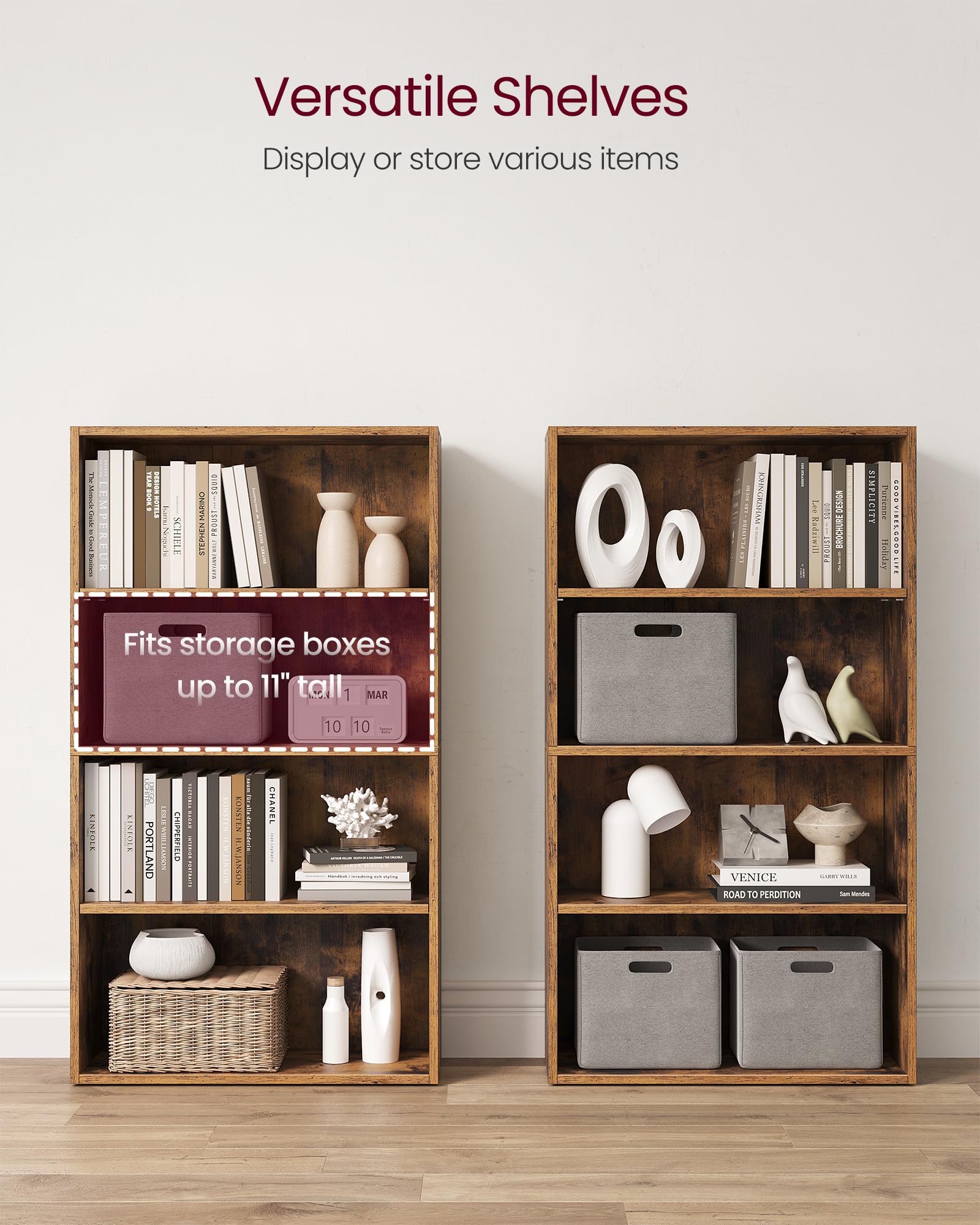 VASAGLE CUSTOS Collection - Bookshelf, 4-Tier Bookcase, Book Shelf, Open Storage Shelf, 9.4 x 23.6 x 42.4 Inches, for Living Room, Home Office, Dinning Room, Rustic Brown ULBC164X01