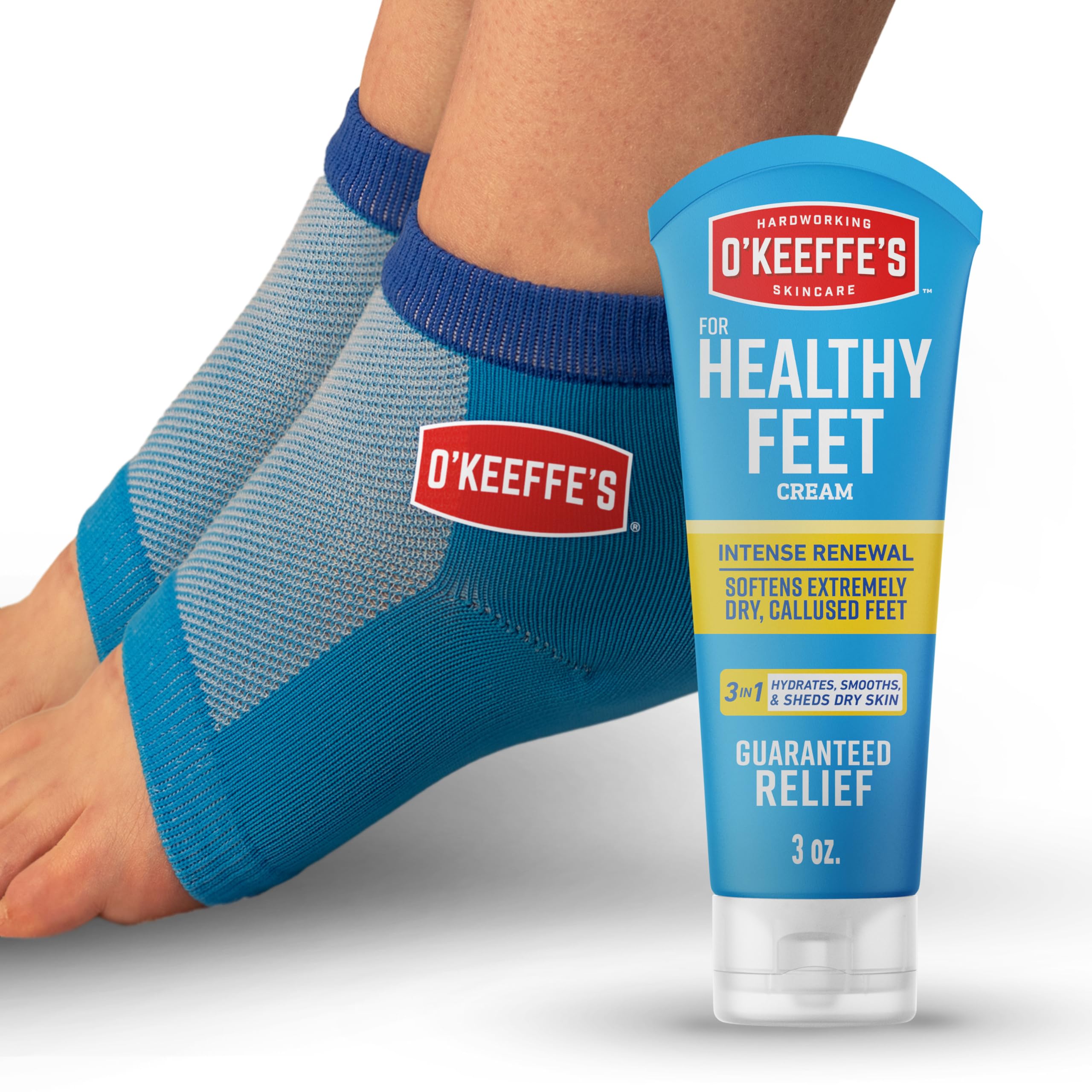 O’Keeffe’s for Healthy Feet Heel Repair Kit with Urea & Lactic Acid – (1 Pair) Reusable Foot Sleeves + 3 oz. Intense Renewal Foot Cream, Exfoliates & Softens Dry Heels