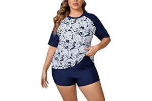 JOYBIK Women Plus Size Short Sleeve Rash Guard Sets with Built in Bra UPF50+ Swim Shirt and Shorts Two Piece Swimsuit