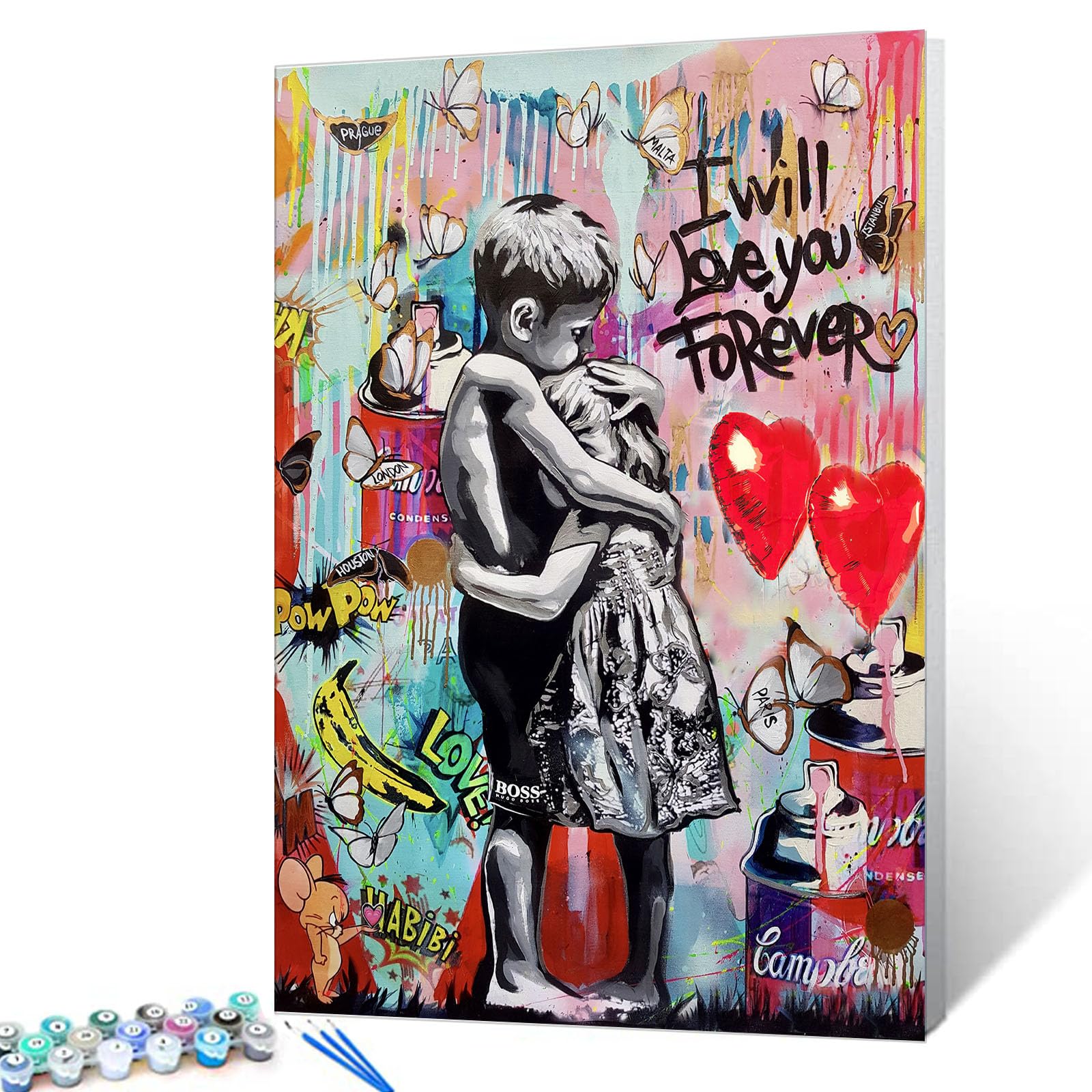 Painting by Numbers Banksy Graffiti Pictures Little Boy and Girl Street Paintings Colorful Pop Wall Art DIY Oil Painting Kits on Canvas with Brushes and Acrylic Pigment 16x20inch (Frameless)