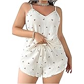 Verdusa Women's Plus Size 2 Piece Cute Cherry Pajama Set Floral Lace Camisole Top and Shorts