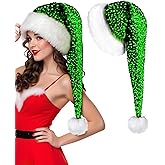Donetuer Long Santa Hat for Adults Women Men Unisex Sequin Green Christmas Hat Cap Xmas Hats for New Year Festive Holiday Halloween Costume Party