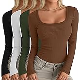 Oakgarden 4 Pack Women's Long Sleeve Shirts Scoop Neck Ribbed Knit Tops Casual Slim Fitted Cotton Tees Fall Basic T Shirts
