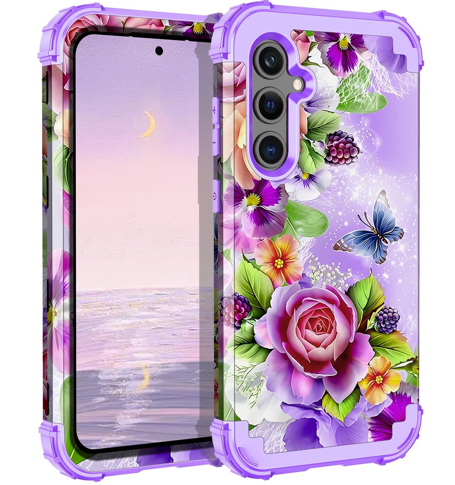 LONTECT for Galaxy S23 FE 5G Case Shockproof 3 in 1 Heavy Duty Rugged Hybrid Sturdy High Impact Drop Protective Cover Flower Case forSamsung Galaxy S23 FE 5G 2023,Light Purple Rose
