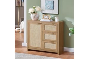 OAKHAM HOME Hampstead 3 Drawer Storage Cabinet Accent Storage Cabinet with 3 Drawers, Rattan Cabinet Sideboard Buffet Cabinet with Adjustable Interior Shelves for Living Room. (Weathered Oak)