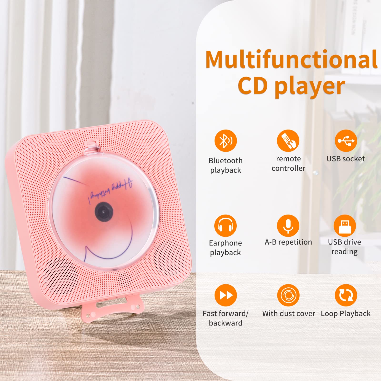 Yintiny Rechargeable Cute CD Player with Blutooth 5.0; Portable Music Player for Home Decor; Remote Control; Support AUX in Cable&USB; HiFi Bluetooth Player