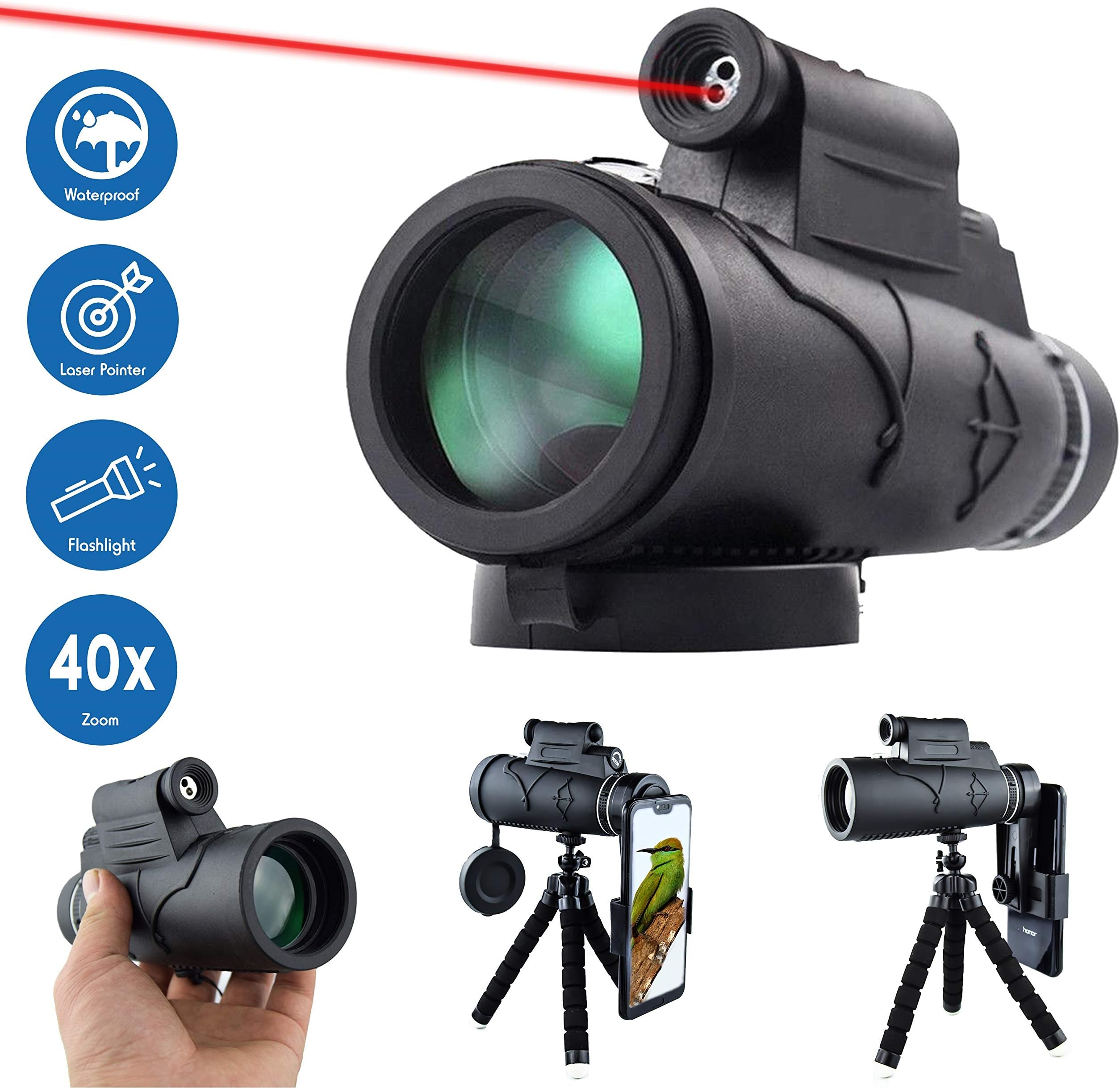Monocuar Telescope High Power HD 40x60 Monocular with Laser Pointer and Flashlight by MerryHub [2019 Upgraded Version] - 40X Zoom Monocular with Smartphone Holder & Tripod for Bird Watching, Camping,