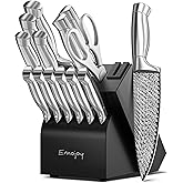 Knife Set, Emojoy 15 Pieces Kitchen Knife Block Set with Built-in Sharpener, High Carbon Stainless Steel Sharp Knife Block Set with Hollow Handle
