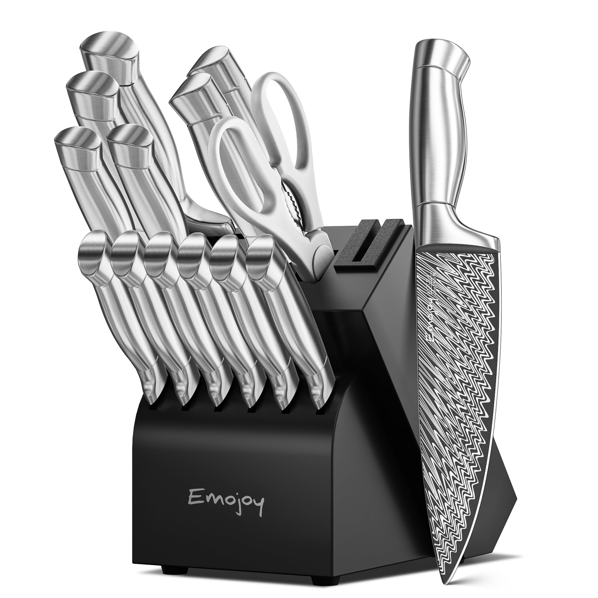 Photo 1 of Knife Set, Emojoy 15 Pieces Kitchen Knife Block Set with Built-in Sharpener, High Carbon Stainless Steel Sharp Knife Block Set with Hollow Handle