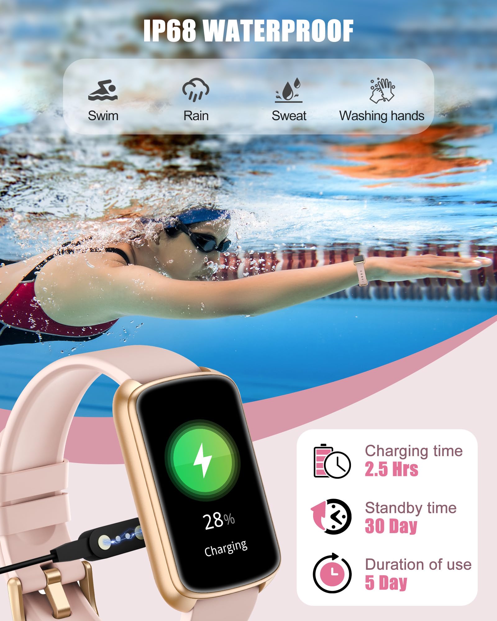 Fitness Tracker, Smart Watch with 24/7 Heart Rate/Blood Pressure/Blood Oxygen Monitor,Sleep Tracker,Step & Calorie Counter, IP68 Waterproof Fitness Watches for Women Men Compatible with Android&iPhone - Image 7