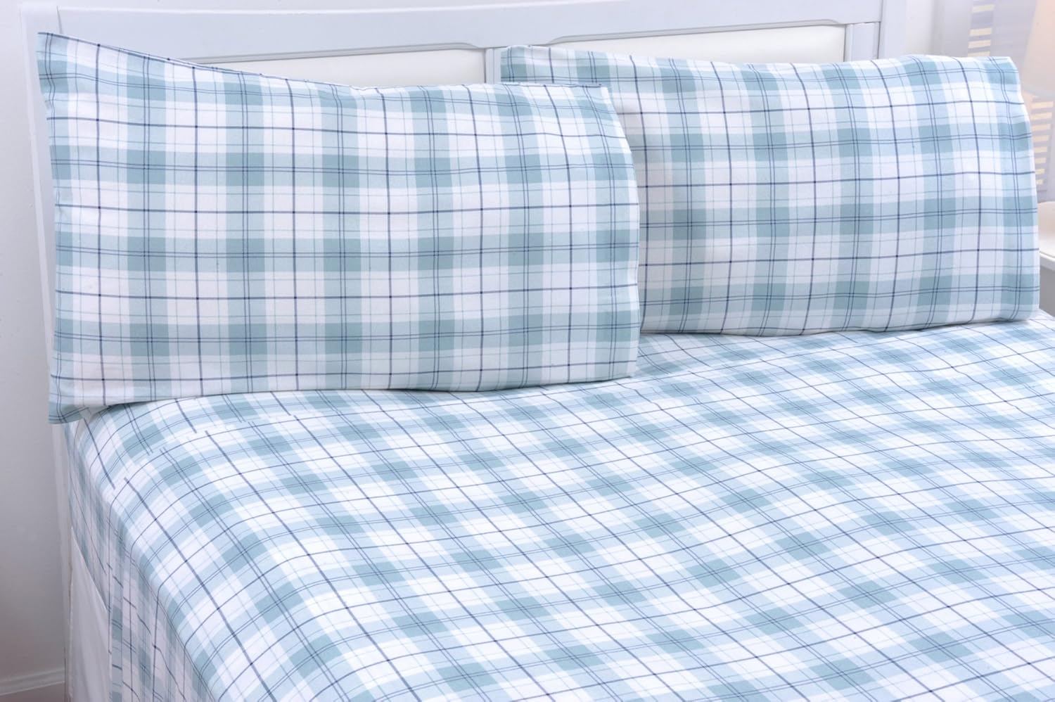 Mellanni 100% Cotton Flannel Sheet Set - Lightweight 3 pc Luxury Bed Sheets - Cozy, Soft, Warm, Breathable Bedding - Deep Pockets - All Around Elastic (Twin XL, Plaid Blue – Green): Home & Kitchen
