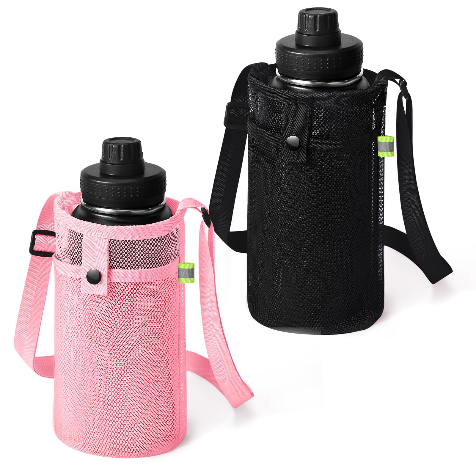 Photo 1 of BINSUNS 2 Pcs Large Water Bottle Holder with Strap, Mesh Water Bottle Sling Carrier Bag Shoulder Crossbody Strap and Pocket - Traveling Essentials for Beach Walking Sports Hiking Camping (Pink+Black)