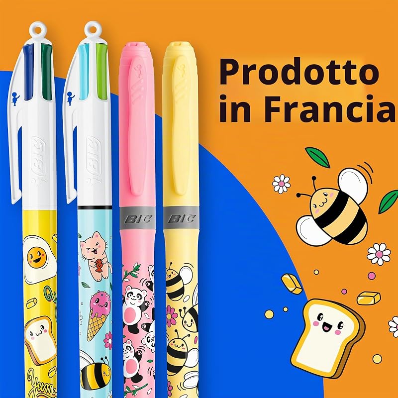 Penna a Sfera a Scatto BIC 4 Colours Decors Kawaii Punta Media (1 mm) Inchiostro Colori Divertenti + penna evidenziatore BIC Highlighter Grip Décor Kawaii - Disegni Kawaii Assortiti, Confezione da 4
