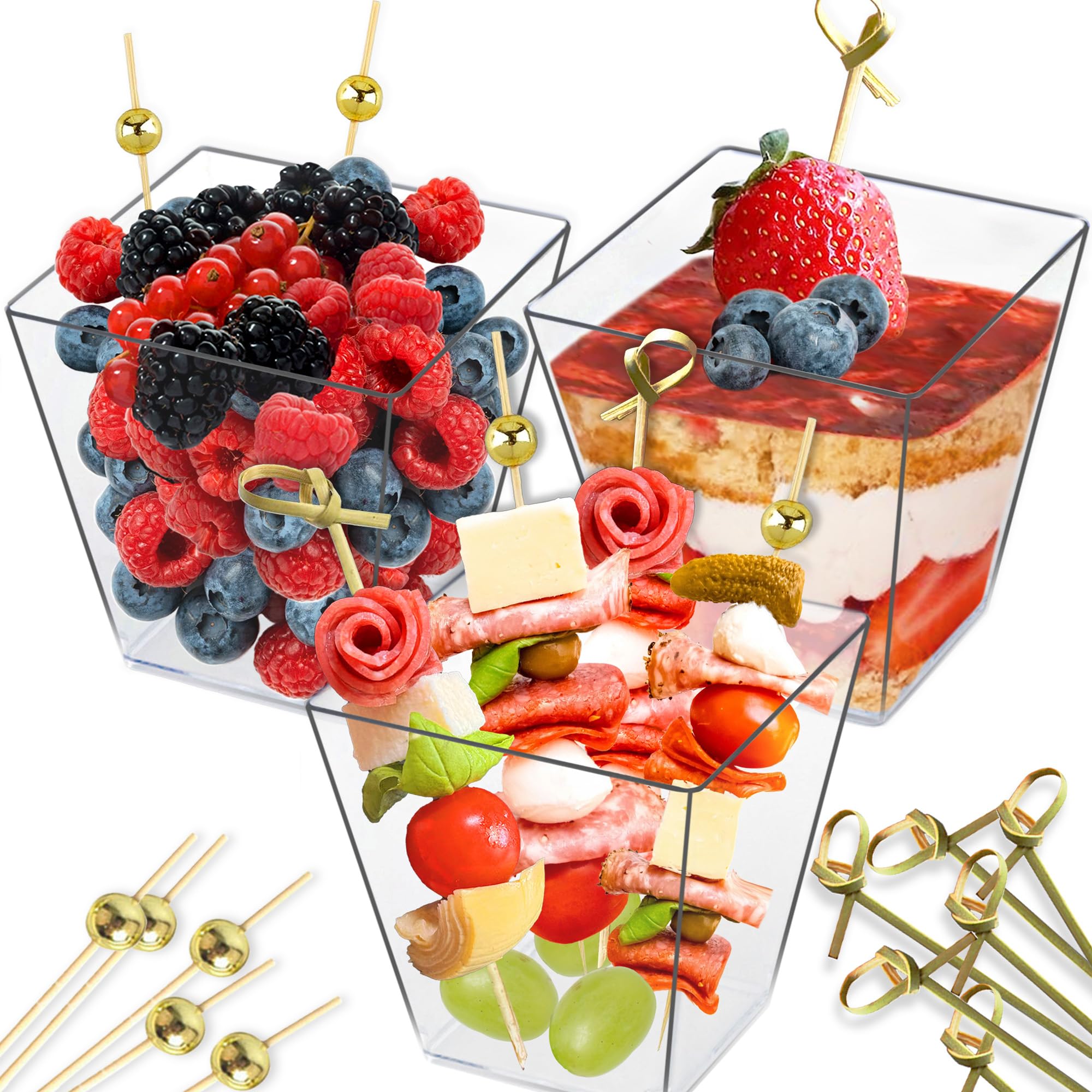 Photo 1 of CUSINIUM 50pk 7oz Plastic Clear Charcuterie Cups - 200 Cocktail Picks (2 Types) - Disposable Dessert Cups - Style: Large Rectangular
