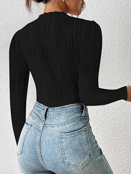 LILYCOCO WOMEN LONG SLEEVE BODYSUIT TOP MOCK NECK FALL BASIC BODY SUIT SHIRT BLACK X-SMALL