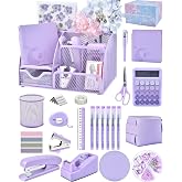 23pc Purple Desk Accessories and Organizers with Mesh Organizer Stapler Tape Dispenser Calculator and a Lot of Office Purple Office Supplies Beautifully Presented in a Gift Box