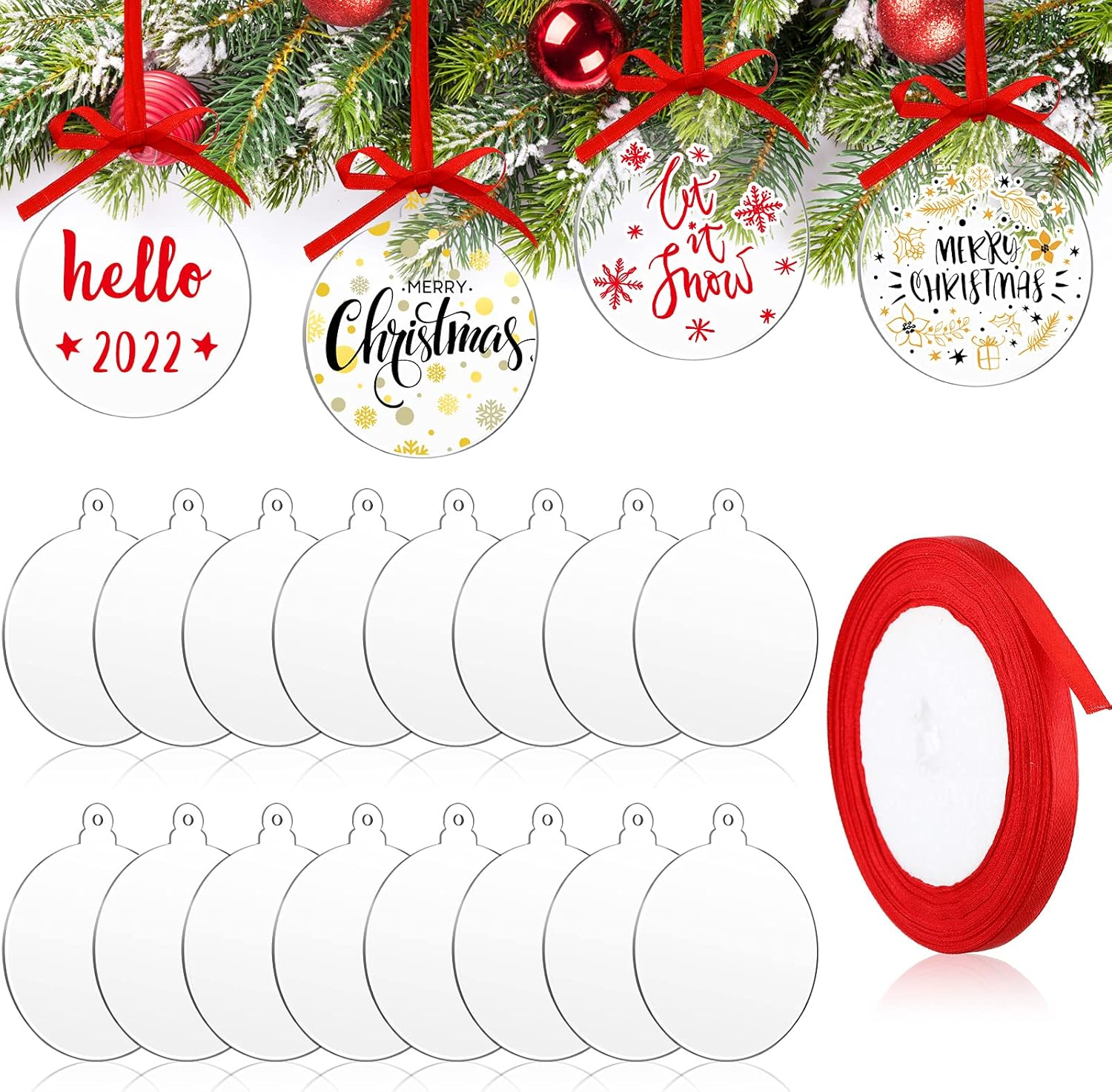 Ornaments - 42 Pieces Clear Round Acrylic Christmas Ornament with Red Ribbon DIY Blank Round Acrylic Ornament Transparent Circle Discs for Christmas Bauble Tree Decoration Tag Craft (Cute Style, 3 Inches)