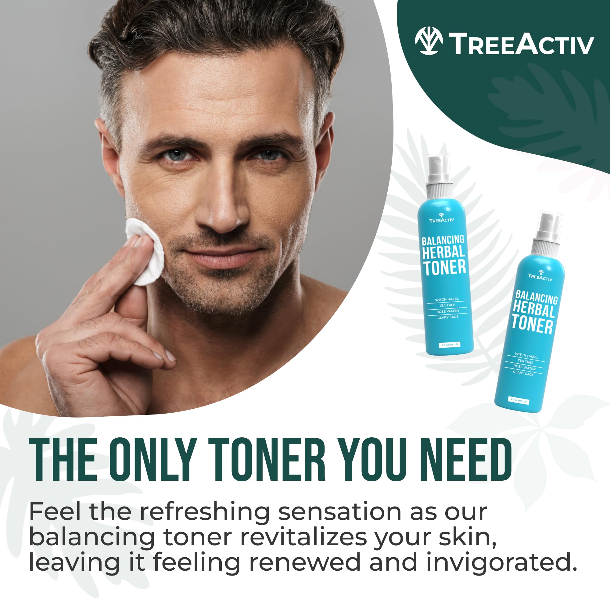 TreeActiv Balancing Herbal Toner | Facial Skin Moisturizer | Witch Hazel | Rose Water | Clary Sage | Tea Tree | Natural Astringent | Alcohol-Free | Reduce Oily Face Acne | Men, Women, Teens | 4 fl oz
