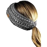 C.C Cable Knit Fuzzy Lined Ear Warmer Ponytail Pony Headband, 3 Tone Gray
