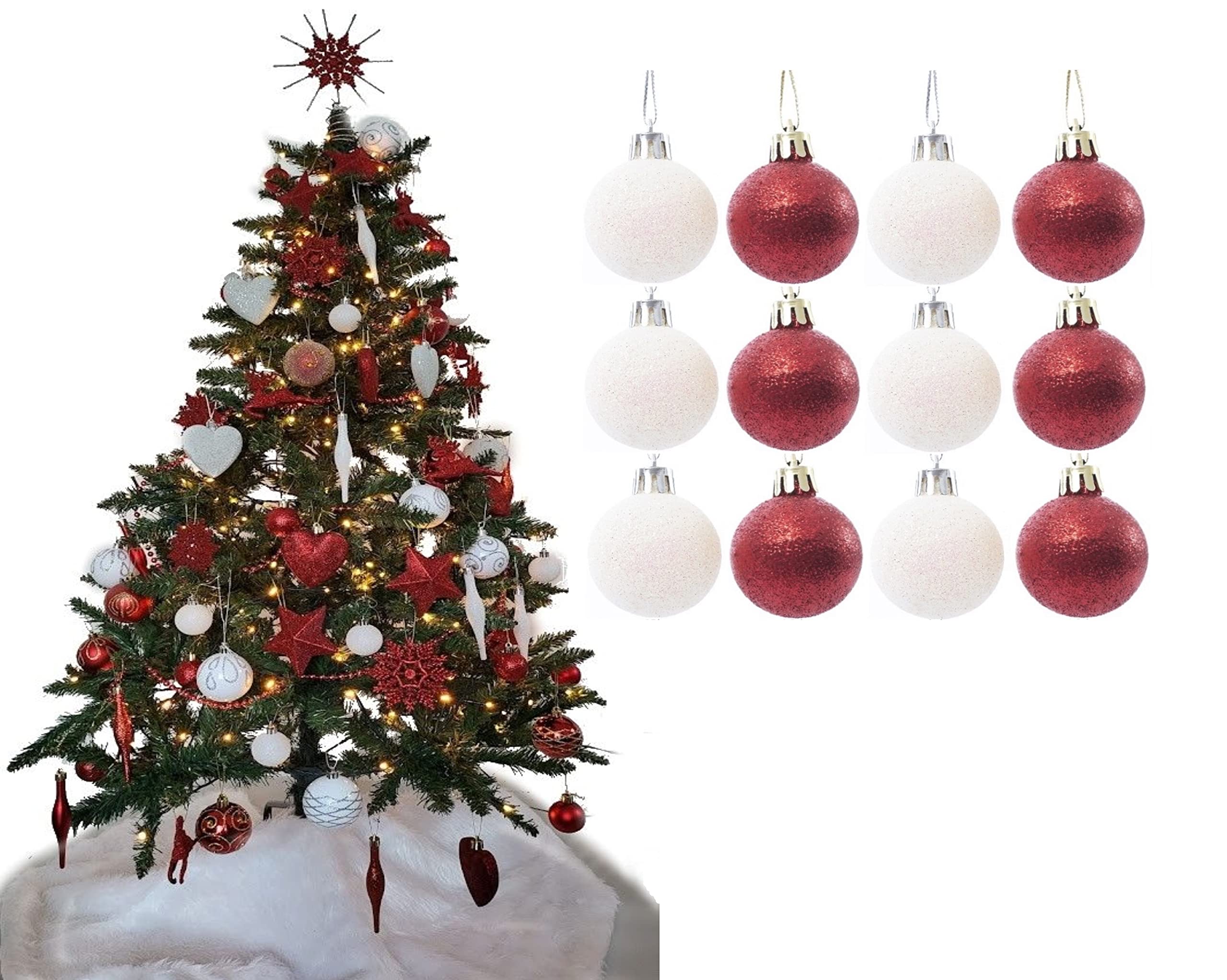 Simply Products Christmas Tree Decoration Baubles 3.8cm - Great Christmas Tree Hanging Ball Decorations, Matte & Glitter Baubles Pack of 12-3.8cm (Red & White Glitter)
