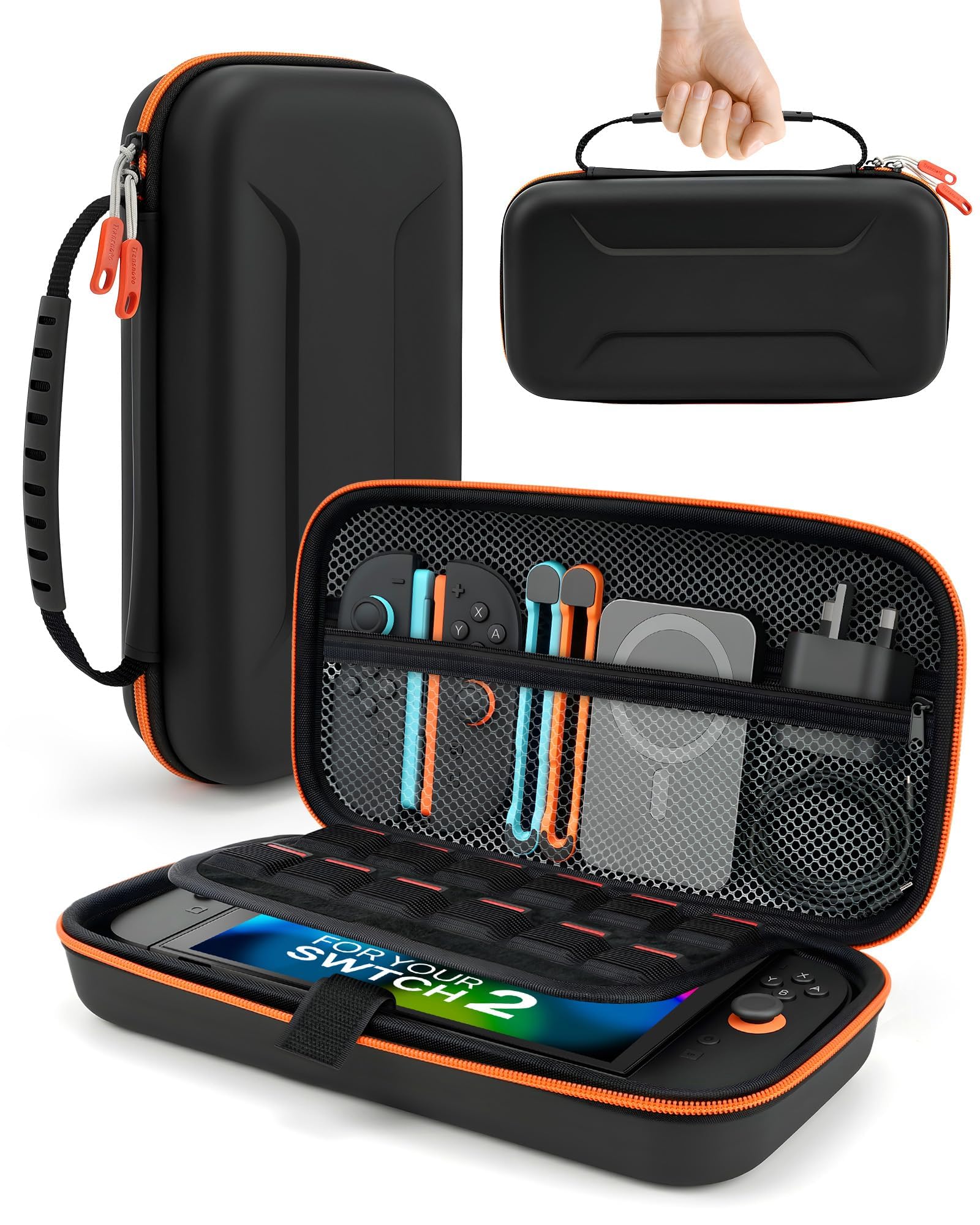 TRANSNOVO Carrying Case Compatible with Nintendo Switch 2 Console & Charger, Shockproof Hard Shell Protective Cover Portable Travel Case with Game Card Slots & Inner Pocket for Accessories, Black