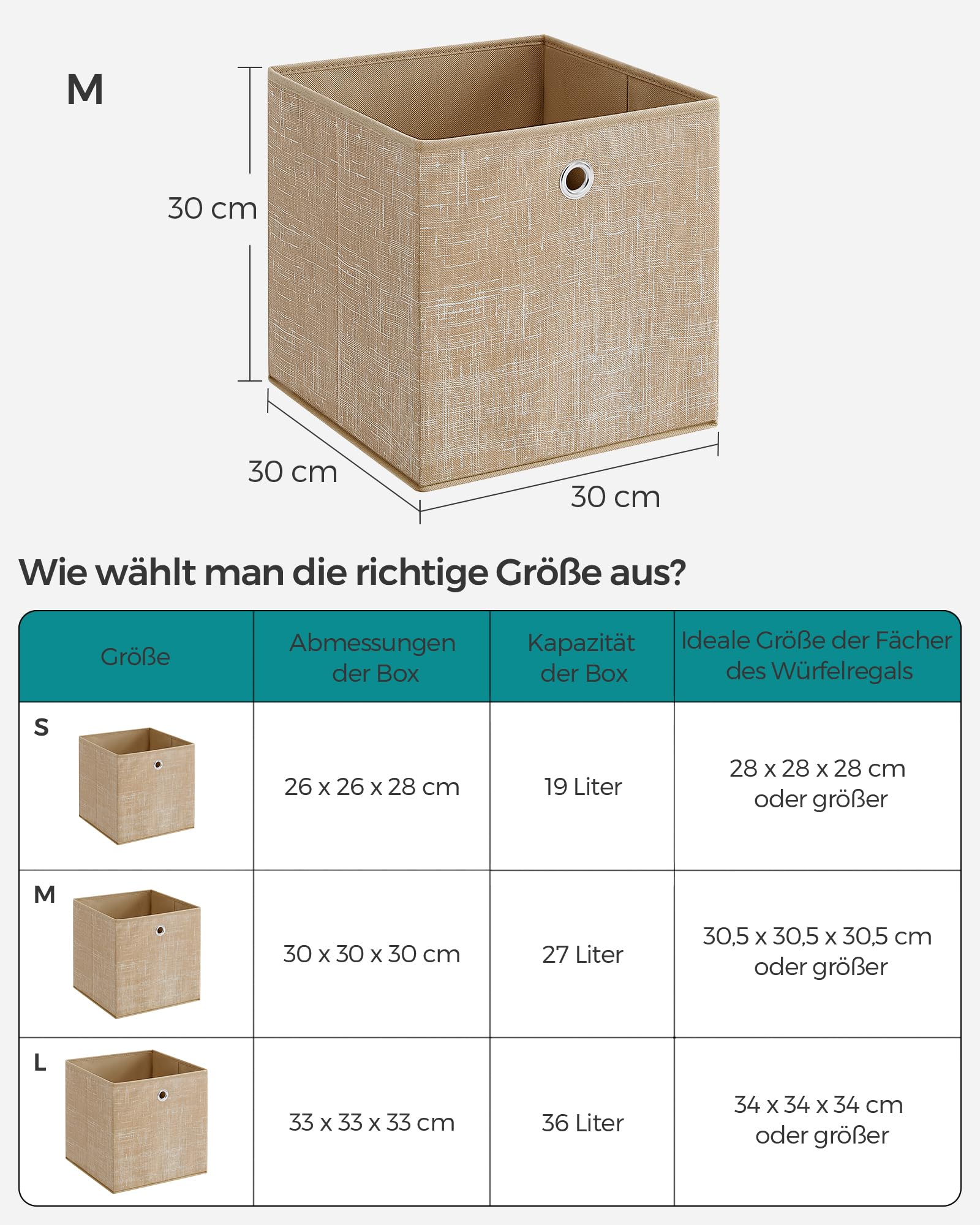 SONGMICS Aufbewahrungsbox, 6er Set, Ordnungsboxen aus Vliesstoff mit Griff, Boxen Aufbewahrung, 30 x 30 x 30 cm, Organizer Box, für Würfelregal, Faltbox, Kleideraufbewahrung, sandbeige RFB006K03 6