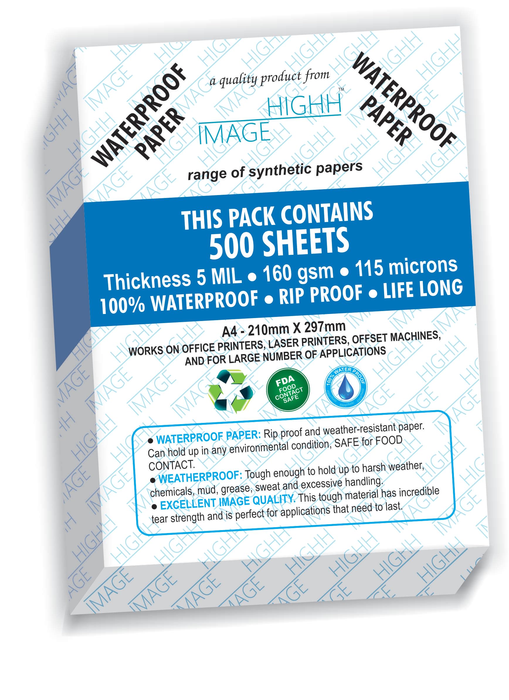 Waterproof Paper | 500 Sheets Bulk Pack, A4, 160 GSM Thickness 5 MIL, Synthetic Paper, from HIGHH IMAGE for Laser Printers.