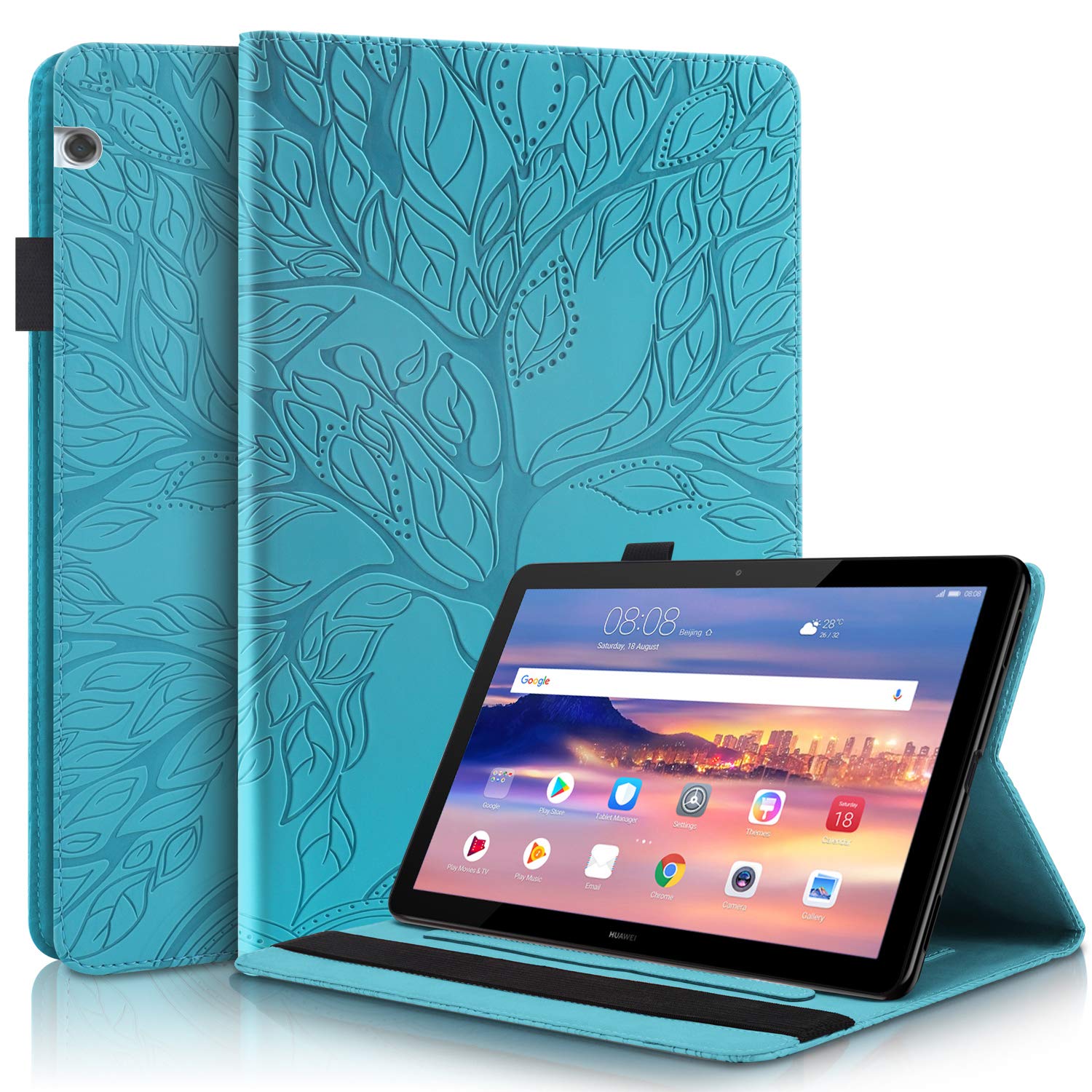 Aswant Huawei Mediapad T5 10 Case PU Leather Embossed Tree Desgin Wallet Folio Flip Cover Card Slot Pen Holder Stand Function Tablet Case for Huawei Tablet Mediapad T5 10.1 Inch 2018 - Blue