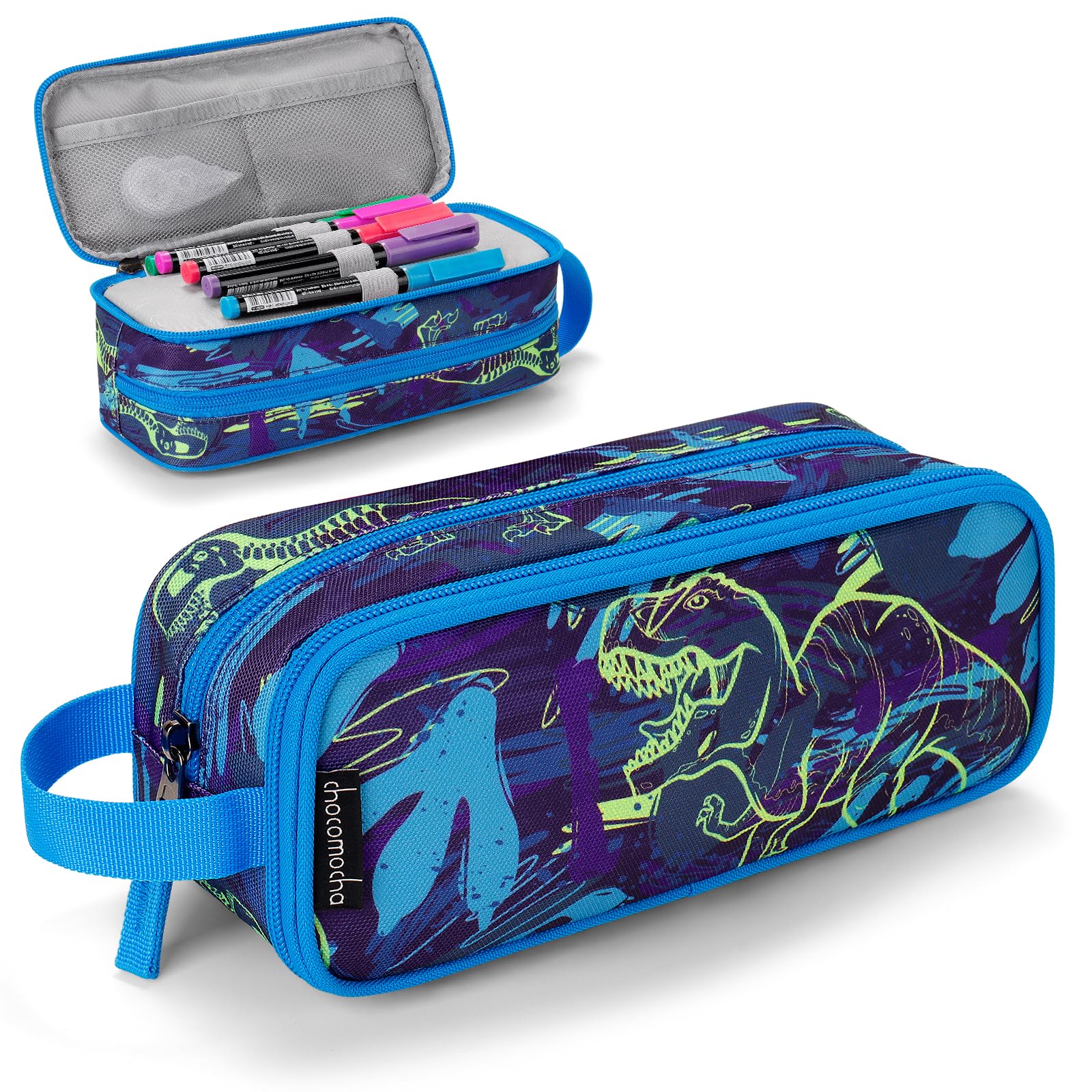 Photo 1 of Choco Mocha Boys Pencil Case for Kids, Soft Large Zipper Pencil Pouch for Boys with 2 Compartments Boy Pencil Case for School Dinosaur Pencil Bag, Navy Blue