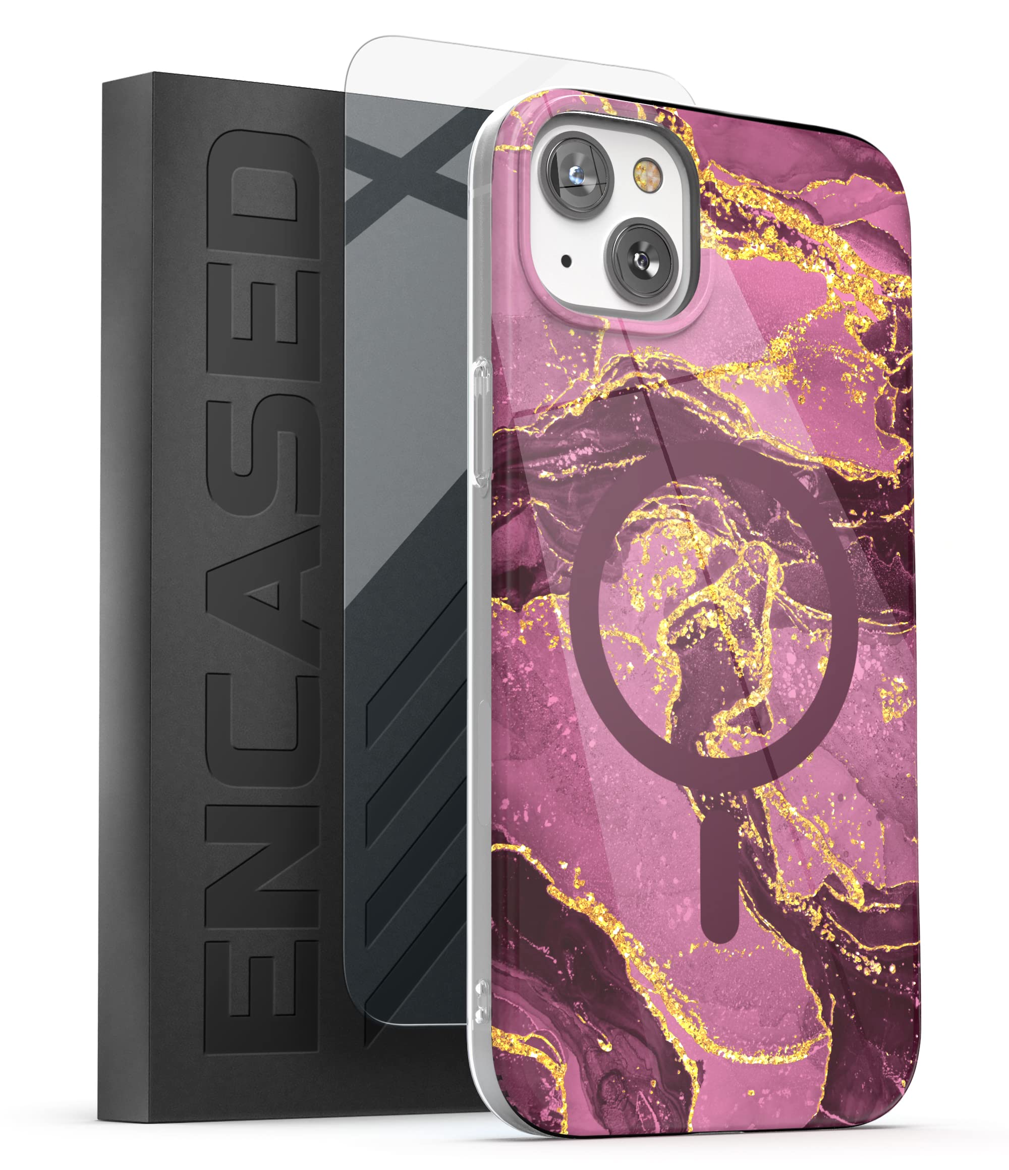 ENCASED Magnetic Case Designed for iPhone 14 PLUS with Screen Protector - Compatible with MagSafe Phone Accessories (Purple Marble)