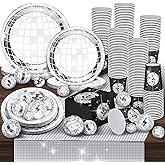 Marsui 121 Pcs 70s 80s Disco Ball Party Decorations Disposable Paper Plates Napkins Cups Bachelorette Silver Balls Tableware Set for Wedding Cocktail Birthday Dancing Queen Party(Black, Silver)