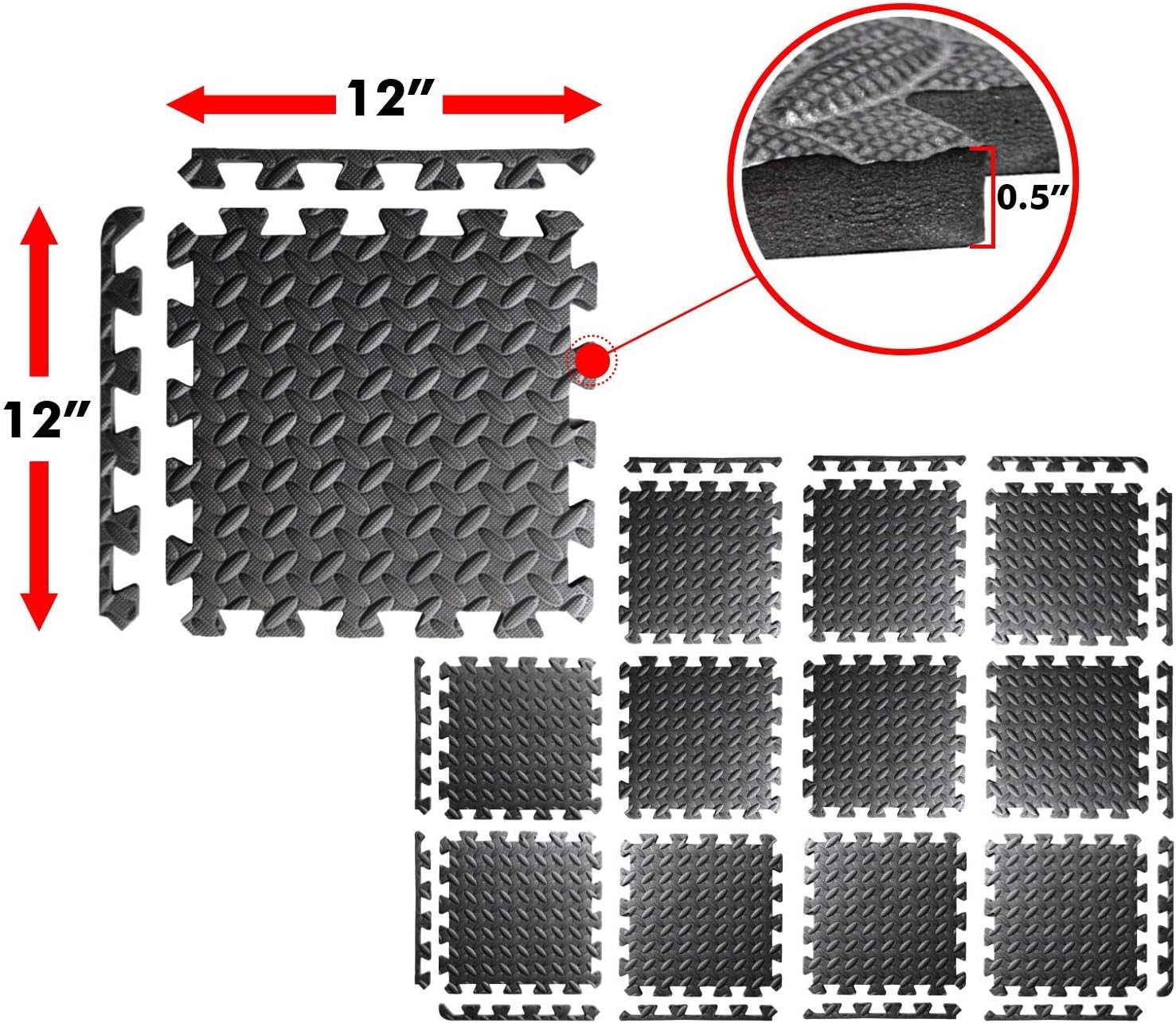 A2ZCare Puzzle Exercise Mat with EVA Foam Interlocking Tiles (Protective Flooring) - 3 YEAR Limited Warranty with 60 day - Perfect for Home Gym, Aerobic, Yoga & Pilates (Black-12pcs with Border Tiles) : Sports & Outdoors