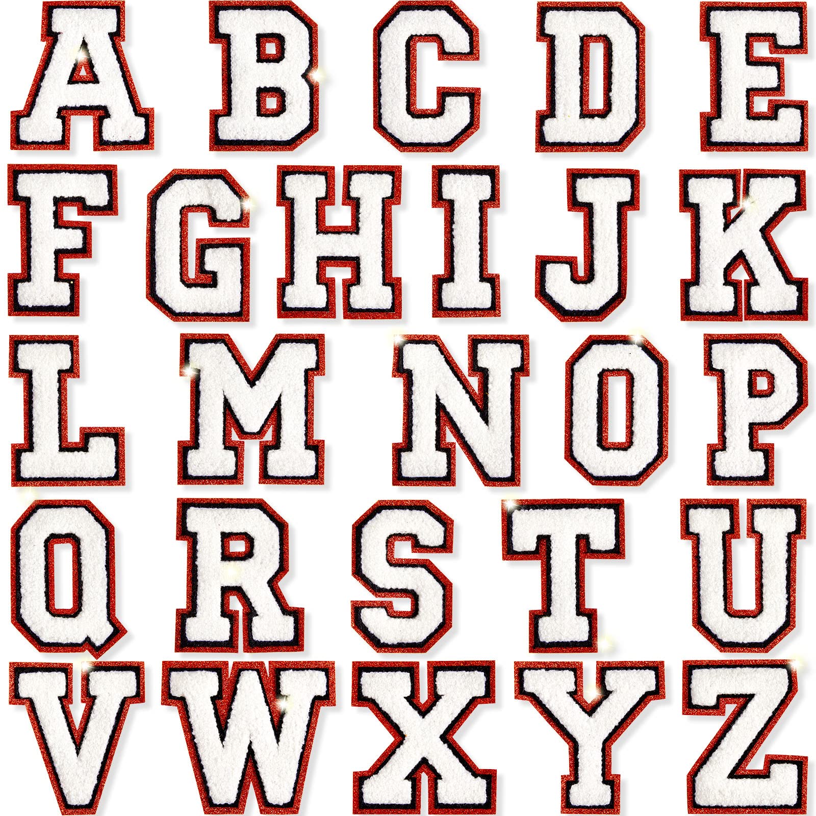 Photo 1 of MTLEE 26 Pieces Chenille Letter Patches Iron on Letters Glitter Chenille A-Z Embroidered Sew on Patches for Clothing Hat Shirt Bag(White with Red Edge)