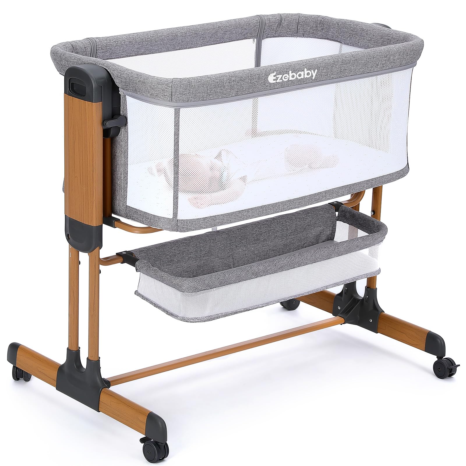 Ezebaby 3-in-1 Rocking Bassinet for Baby Adjustable Baby Bassinets Bedside Sleeper with Wheels Storage Basket and Mesh Sides for Newborn Infant
