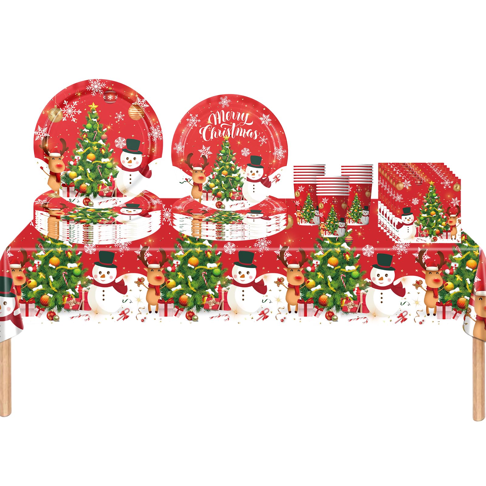 69Pcs Christmas Party Tableware Decorations Set,Red Christmas Snowman Reindeer Tree Tableware Party Table Cloth,7inch Paper Plates,Paper Napkins,Cups,9inch Plates for Xmas Picnic,Xmas party Supplier