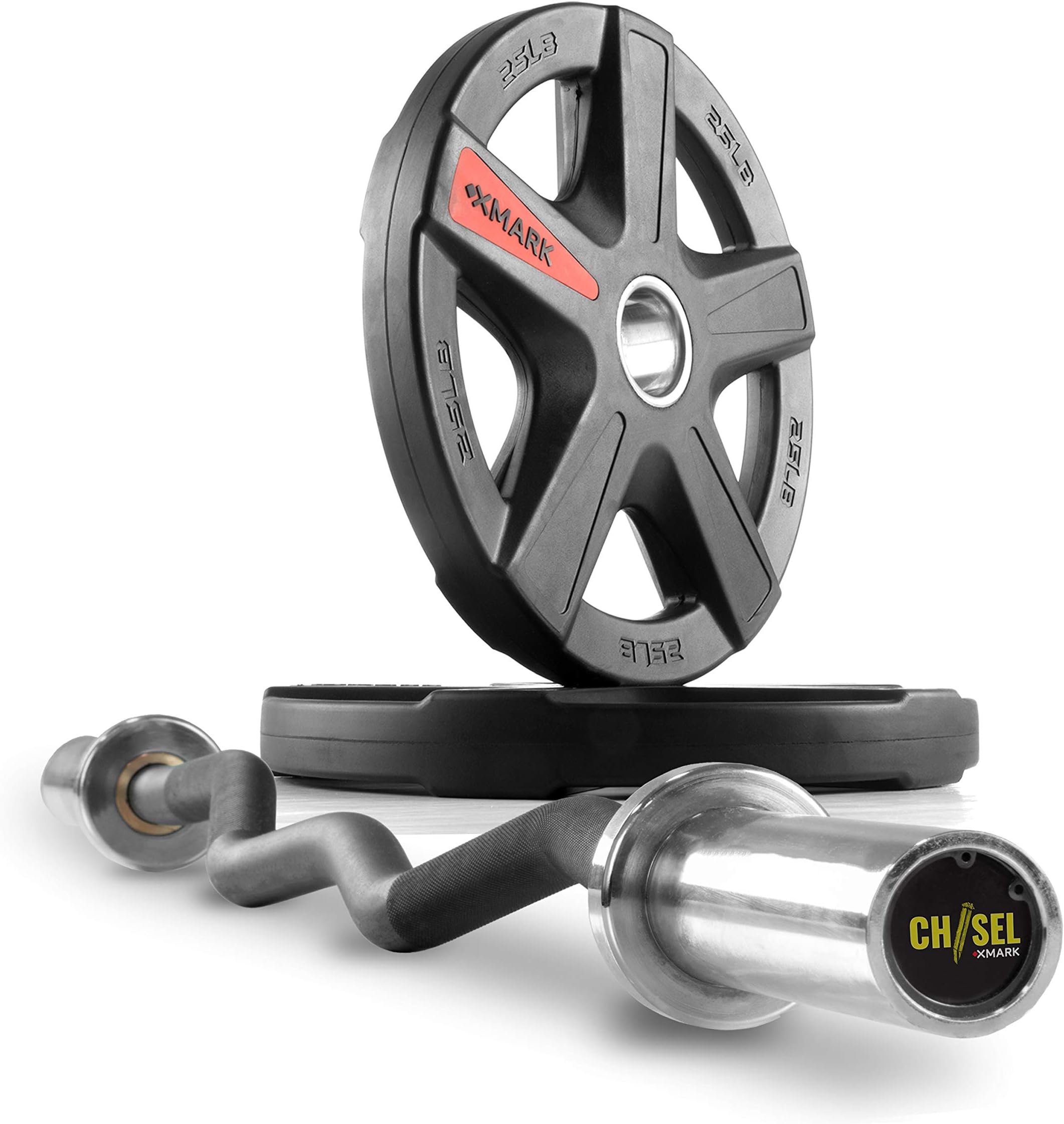 XMark Olympic Bar Curl Bar, Purchase Bar Only or with an Olympic Weight Set, Option of TRI-Grip or Texas Star Olympic Weight Plates with EZ Curl Bar, Black Manganese 28mm Chisel