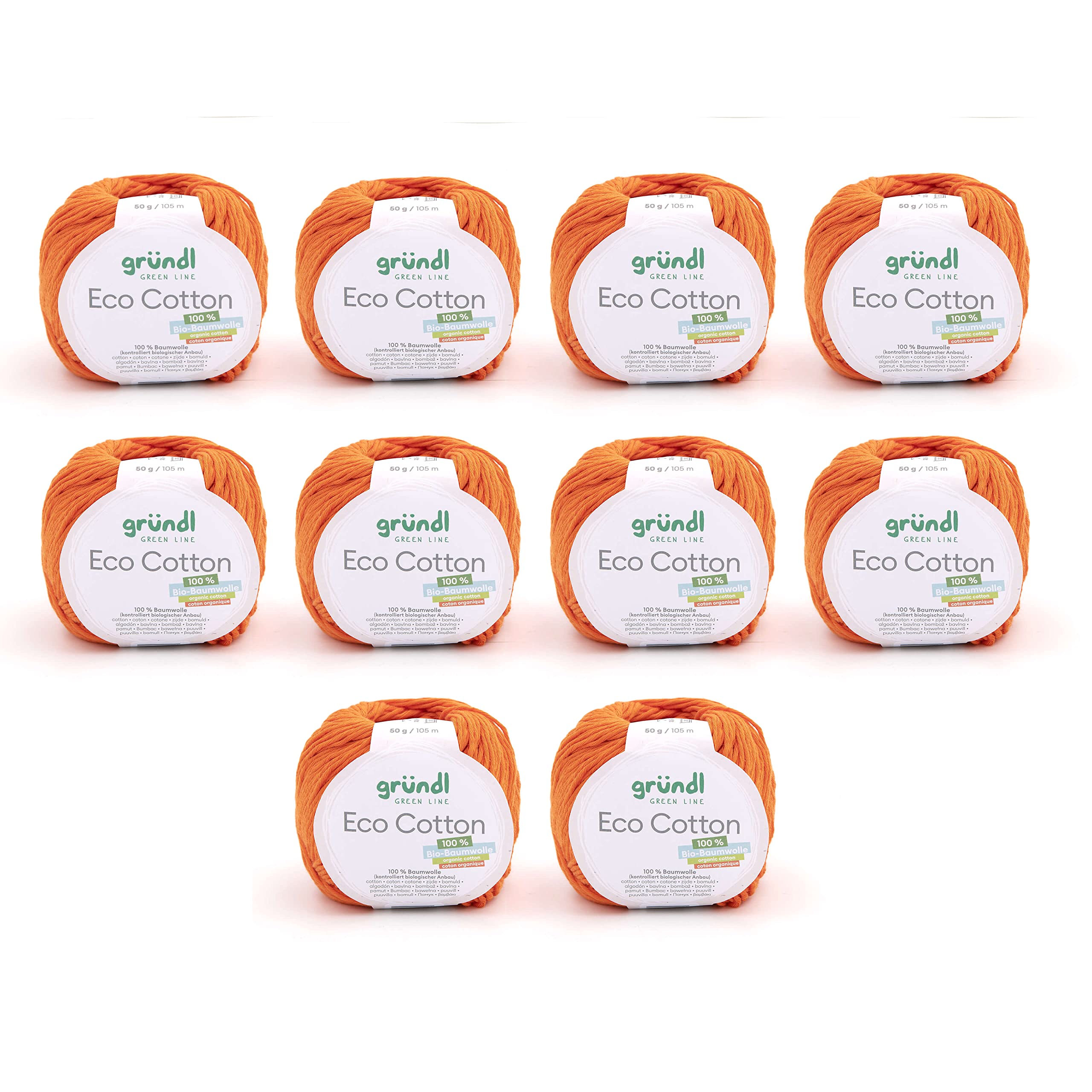 Gründl Eco Cotton Wool (Yarn Made from 100% Organic Cotton, Oeko-Tex® Certified, Easy to Clean and Washable, 50 g/105 m, Needle Size: 3.50-4.50 mm, 10 x 50 g), Orange