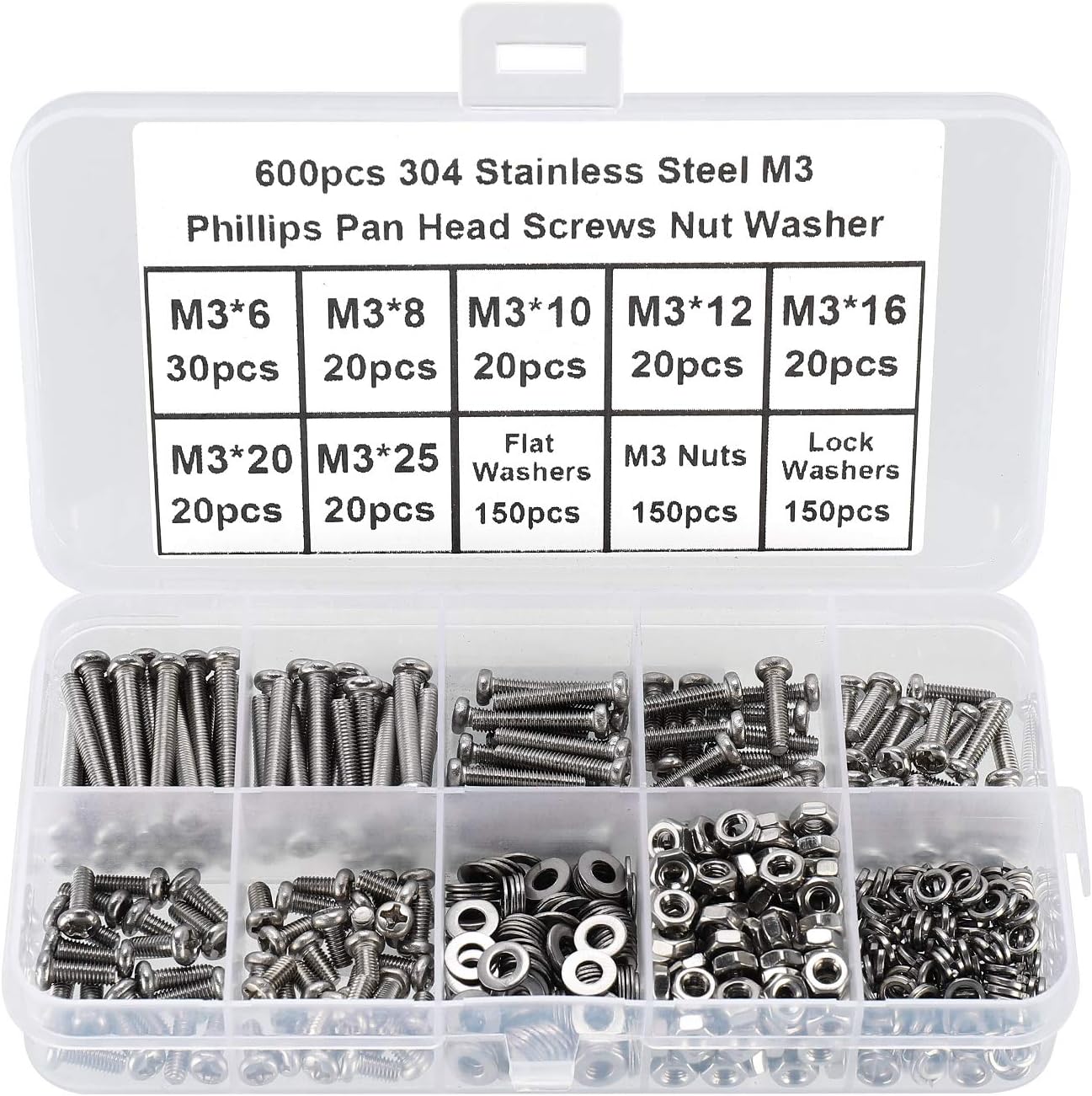 FandWay 600Pcs M3 Bolts and Nuts Set,Pan Head Machine Screws DIN 7985,Cross Round Head Screws,304 Stainless Steel Bolts and Washers Set Phillips Drive Fully Threaded With Storage Box - Image 3