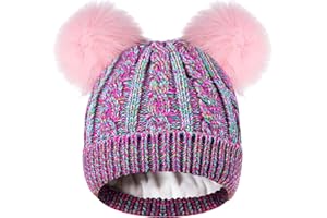 BROMZ Girls Beanie with Double Pom Pom, Thick Warm Fleece Lined Knit Kids Winter Hat for 3-9 Years
