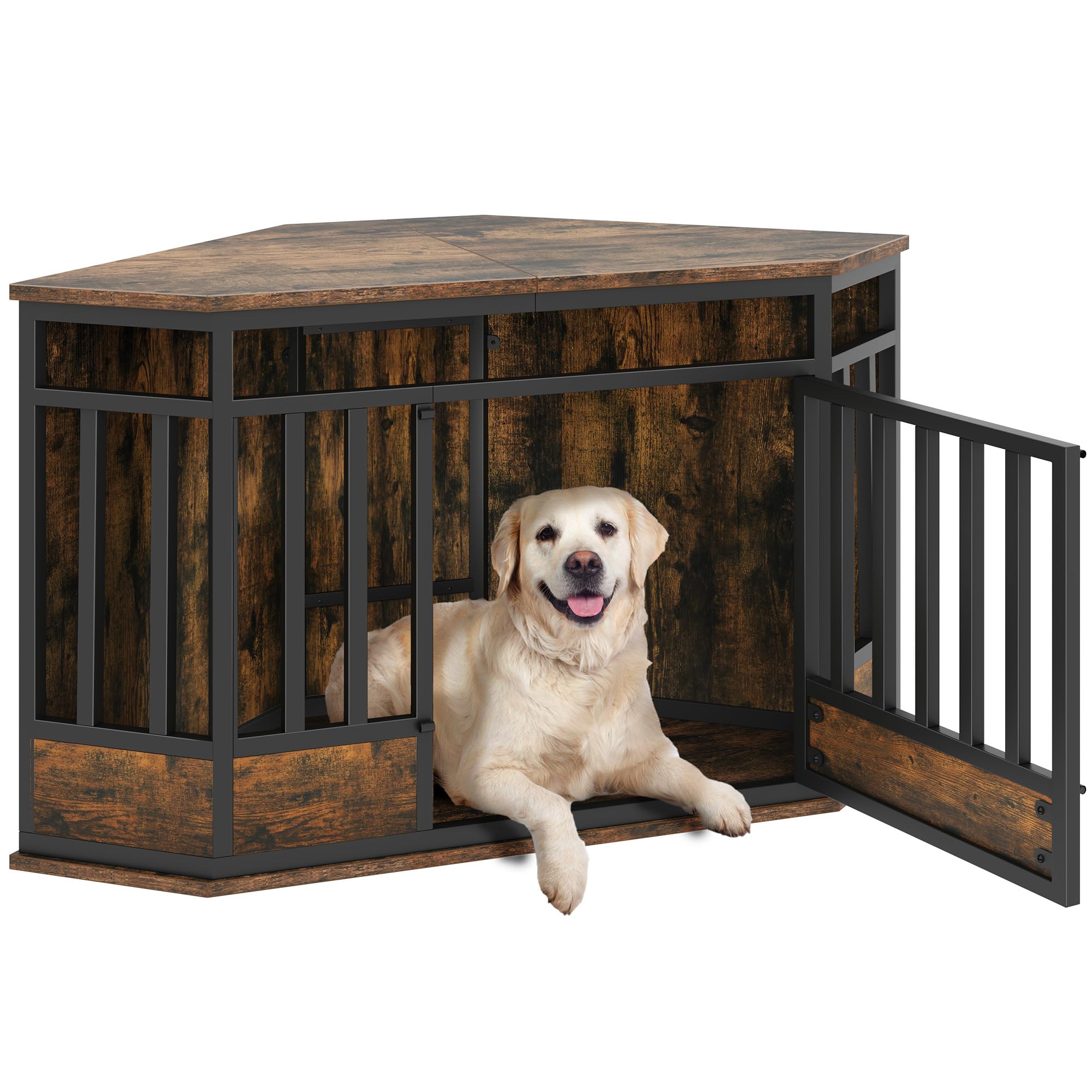 Photo 1 of DWVO Corner Dog Crate Furniture, 52 Inch Heavy Duty Dog Kennel Indoor Furniture End Table Dog Crate for Large Dogs, Modern Decorative Dog Crate Wooden Dog Crate Furniture for Large Dogs, Rustic Brown